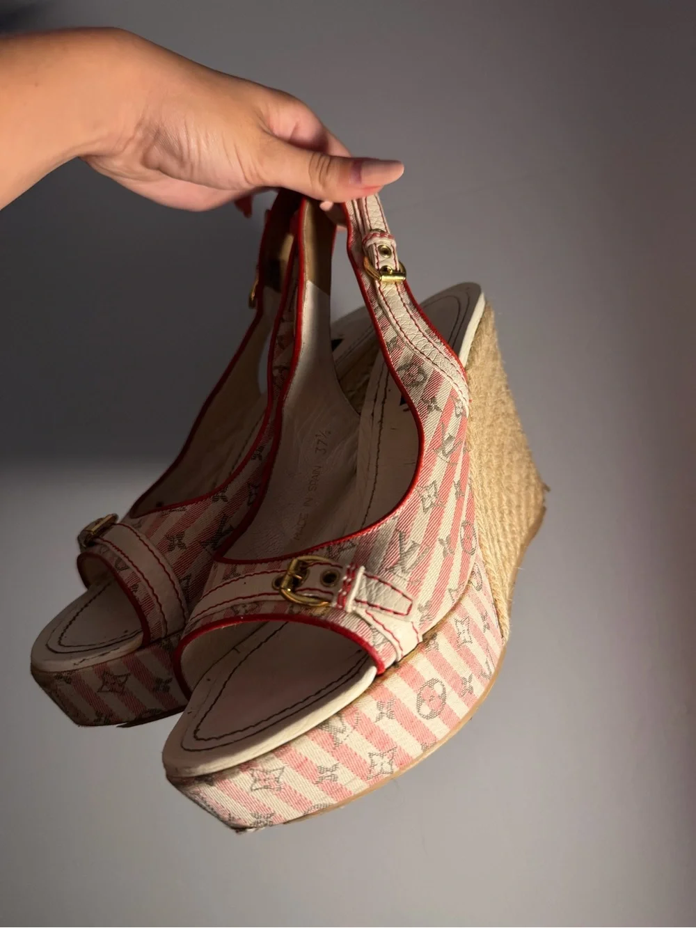Louis Vuitton Pink Stripe Monogram Espadrille Wedges